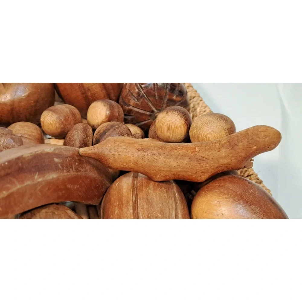 Vintage Hand Carved‎ Wooden Fruit Set with Woven Wicker Basket Centerpiece Decor